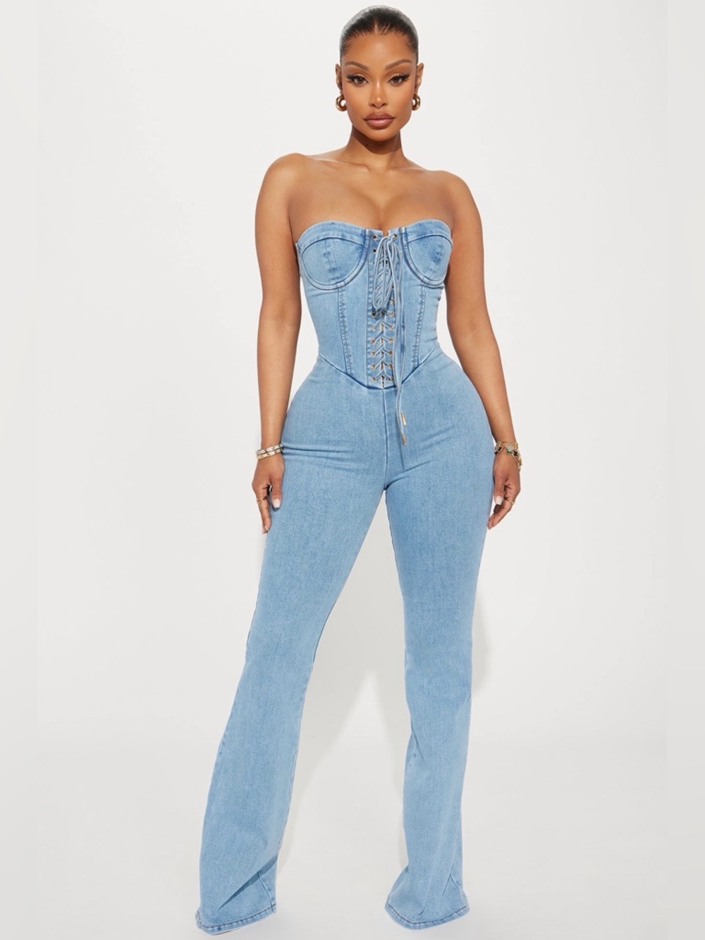 Fashion Nova Light Blue Strapless Denim Corset Jumpsuit with Flared Legs
